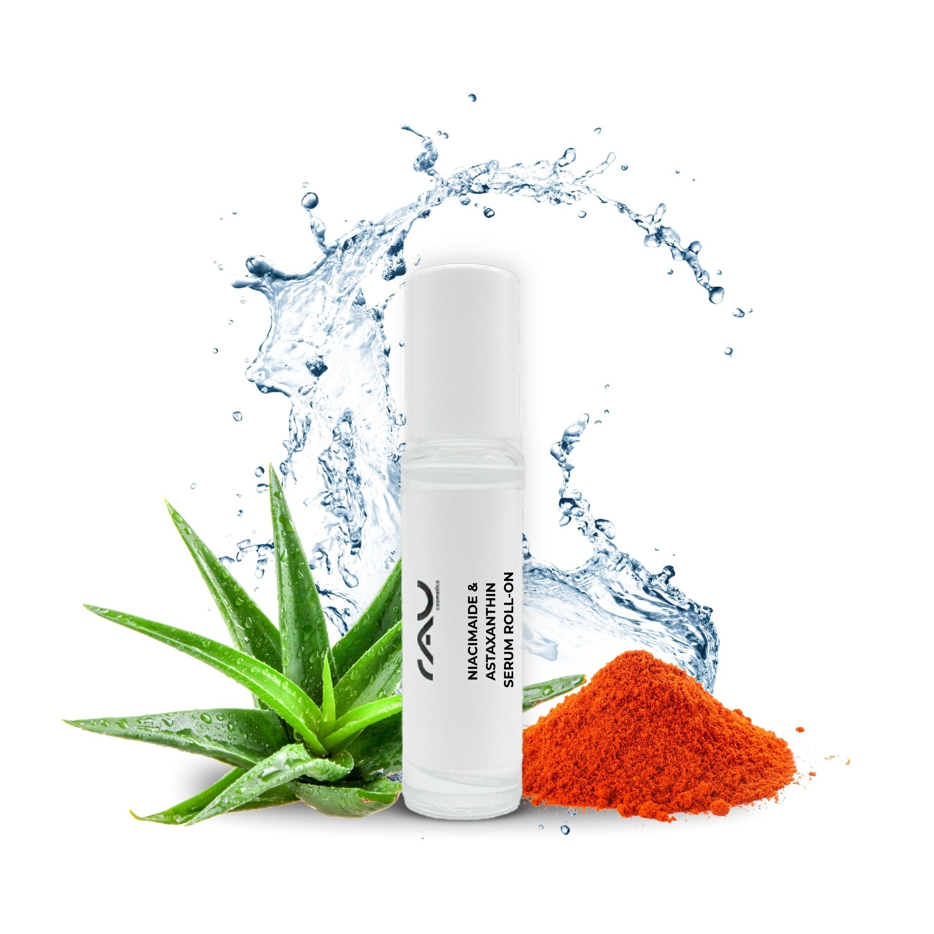 Niacinamide & Astaxanthine Sérum à bille 10 ml RAU Cosmetics Niacinamide & Astaxanthin Serum Roll-On, umgeben von Aloe-Vera-Blättern, Astaxanthin-Pulver und Wasserspritzern, betont die Vorteile der Feuchtigkeitsversorgung und Hautverjüngung.