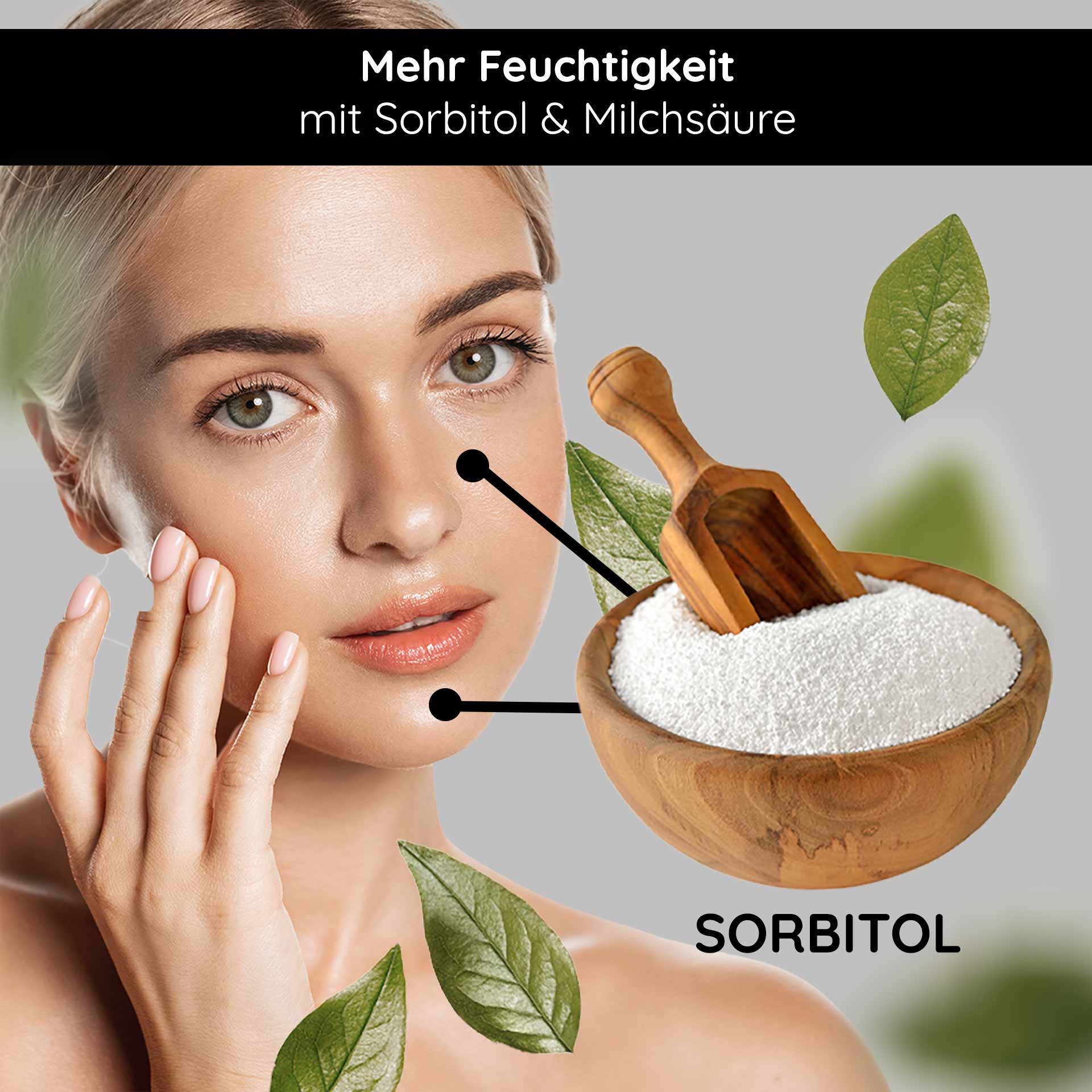Calming & Repair Mask 200 ml Masque apaisant Frau mit strahlender Haut berührt ihr Gesicht, umgeben von Blättern und einer Schüssel mit Sorbitol, hervorgehoben durch den Text "Mehr Feuchtigkeit mit Sorbitol & Milchsäure", passend zur beruhigenden und regenerierenden Wirkung der RAU Cosmetics Calming